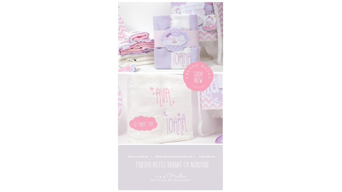 Trusou de botez personalizat si brodat cu norisori pufosi si ursuleti pentru fete, Dream big little girl 6